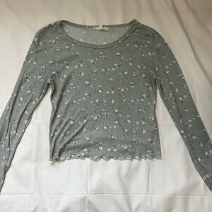 Pink Rose Green Long Sleeve Crop Blouse